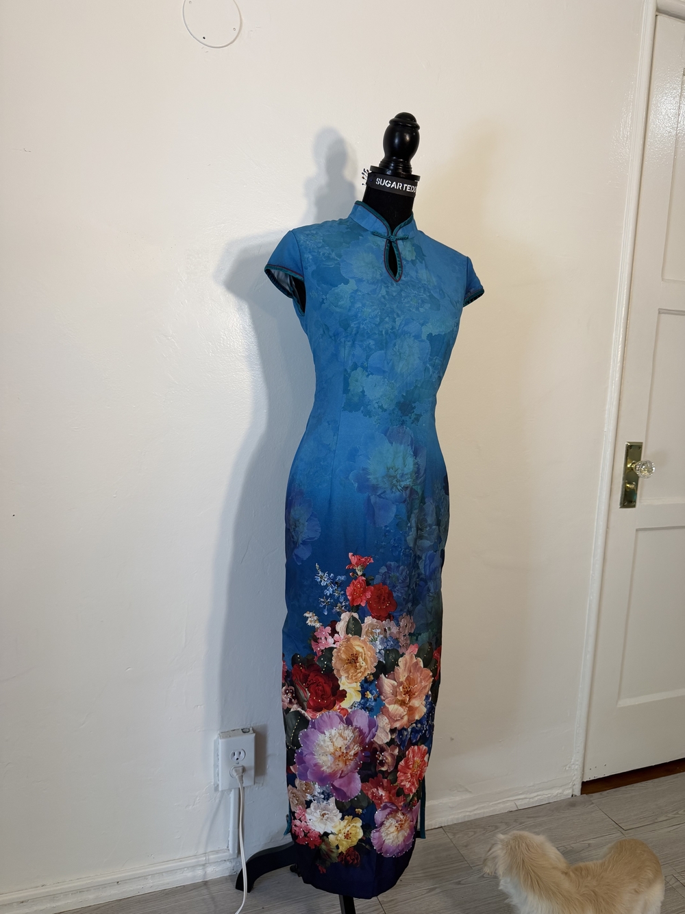 Blue Floral Cheongsam Maxi Dress - Picture 5 of 12